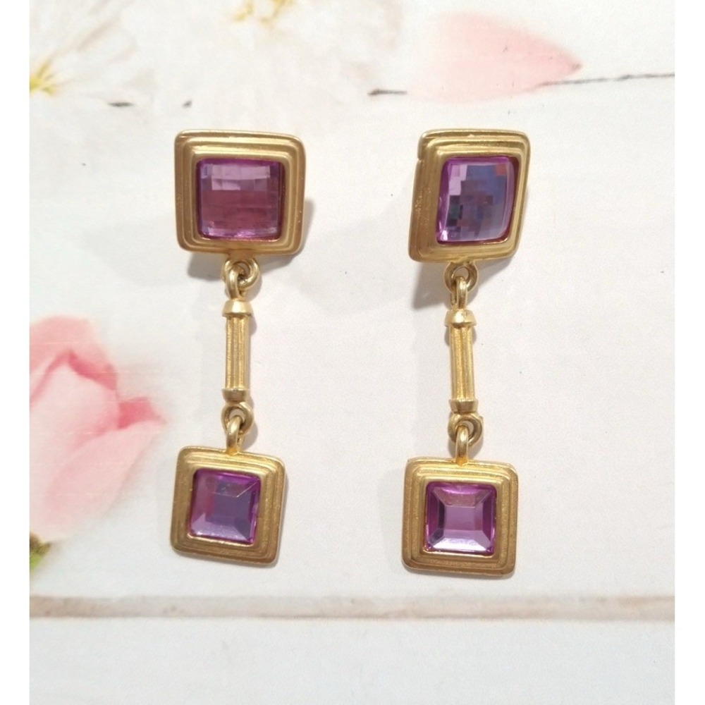 Vintage Art Deco Dangle Earrings Womens Gold Tone Purple Crystal Square 80s EC2